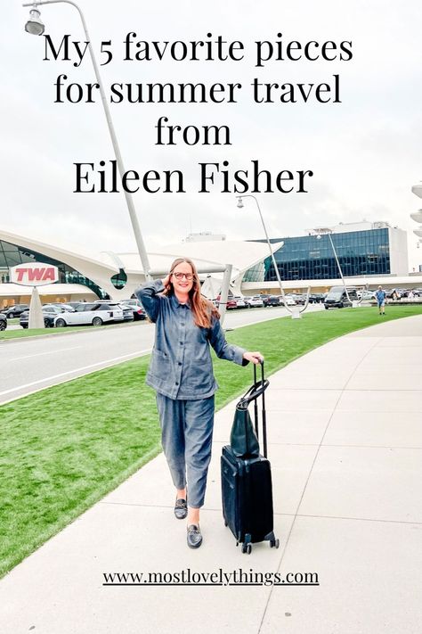 Older woman wearing gray suit at TWA hotel at JFK with suitcase Eileen Fisher Style 2023, Eileen Fisher Outfits, Eileen Fisher Summer, Travel Capsule Wardrobe Summer, Weekend Clothing, Eileen Fisher Style, Neutral Outfit Ideas, Biarritz France, Travel In France