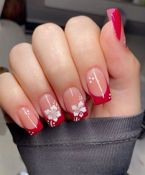 Red Nails With White Design, Red Nail Designs Square, Red Flower Nail Designs, Red Short Square Nails, Red Nail Ideas, Winter Nail Art Designs, Cruise Nails, Gel Nails French, Cute Simple Nails