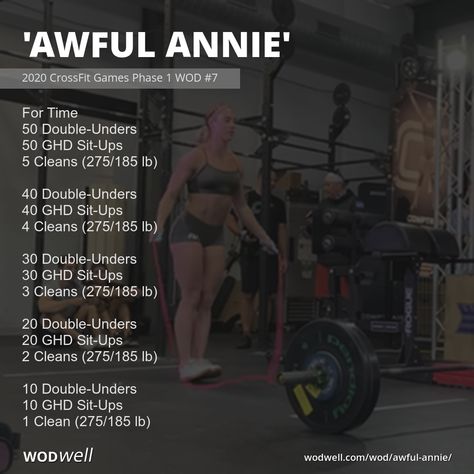 "Awful Annie" Workout, 2020 CrossFit Games Phase 1 WOD #7 | WODwell Annie Crossfit Wod, Annie Wod Crossfit, Adaptive Crossfit Workouts, Sunday Wod Crossfit, Core Crossfit Workout, Cardio Crossfit Workout, Annie Workout, Crossfit Cardio Workout, Cardio Wod Crossfit