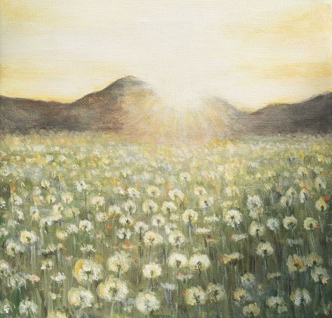 evening in the field of dandelions, acrylic painting on canvas 20x20 Field Of Dandelions Drawing, Dandelion Field Drawing, Painting Of Field, Dandelion Field Painting, Dandelions Painting, Field Of Dandelions Painting, Field Of Dandelions, Dandelion Drawing, Dandelion Painting