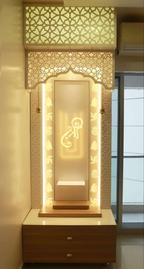 Mandir Kaman Cnc Design, Temple Design For Flat, Temple At Home Design, Cnc Work Design, Pooja Unit Cnc Design, Temple Cnc Design, Corian Temple Design For Home, Cnc Temple Design, Temple Cnc Design For Home