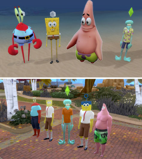 Snag these SpongeBob-themed costumes for your Sims to get them dressed in style! These are all maxis match (or close to it!) and you'll find costumes for SpongeBob, Patrick, Squidward, and Eugene Krabs. Spongebob Sims 4 Cc, Free Sims 4 Cc, Spongebob Costume, Spongebob Shirt, Themed Costumes, Cc Packs, Sims 4 Anime, Spongebob Patrick, Sims 5