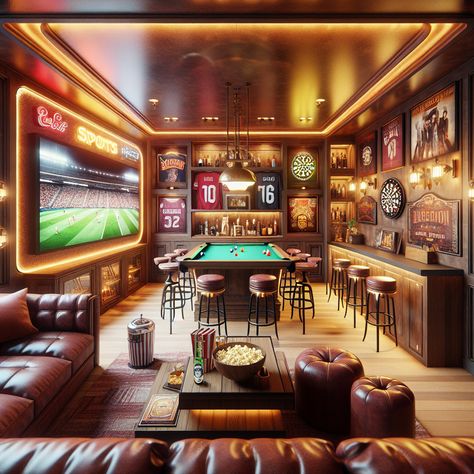 This dynamic man cave boasts of warm red and brown tones, a vintage bar, neon signs, a lavish leather couch, and a pool table. The sports-infused decor with band posters, framed jerseys, and fun amenities like a popcorn machine, redefines leisure. 

#Mancave #InteriorDesign #Sportstheme #Homebar #LuxuryInteriors #Gameroom Vintage Sports Bar Decor, Bar House Ideas, Sports Bar Aesthetic, Modern Sports Bar, Vintage Sports Bar, Video Game Bar, Gym Cafe, Sports Bar Decor, Snooker Room