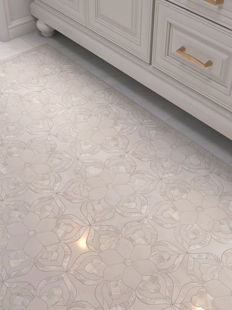 Mother Of Pearl Flooring, Pearl Bathroom Tile, Mother Of Pearl Bathroom, Marble Mosaic Floor Tile, Farmhouse Tiles, Marble Inlay Floor, Mother Of Pearl Tile, Floor Inspiration, Pearl House