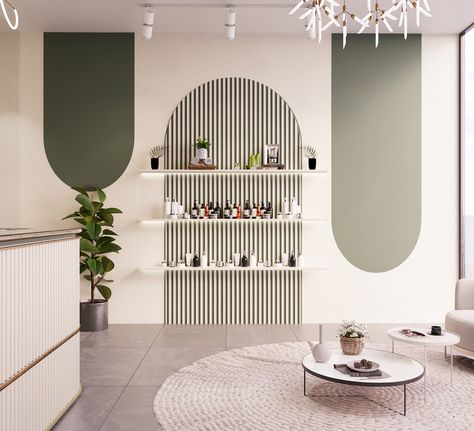 Japanese Salon Interior, Beauty Salon Lighting Ideas, Scandinavian Beauty Salon, Beige Salon Decor, Salon Feature Wall, Beauty Spa Interior Design, Aesthetic Salon Interior Design, Salon And Spa Interior Design, Beauty Salon Design Ideas