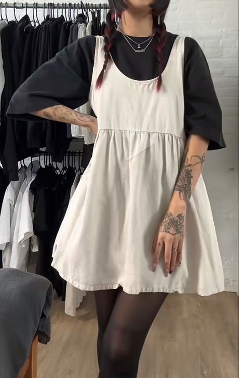 Layered Babydoll Dress, Maxi Dress Outfit Layered, Babydoll Dress Outfit Fall, Lace Shirt Under Dress, Dress Layered With Shirt, Jeans And Dress Outfit, Edgy Modest Outfits, Oversized Dress Outfit, Tshirt Under Dress Outfit