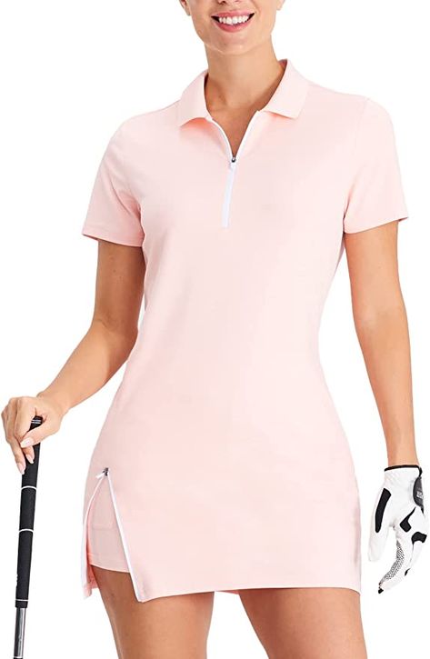 A half-zip polo collar shapes the shoulders and neckline and can be used to regulate internal temperature and provide better ventilation,while the knitted ribbed collar without rollover to stabilize the shape This golf dress adds a zipper at the hem to enhance your range of motion,and with the inner shorts, you won't be seen through when you are on the course.The color clash design and slim fit outline the figure and enhance the sporty-chic style to help you enjoy your beauty while you play Tennis Dresses, Trendy Golf, Athletic Dresses, Sporty Chic Style, Golf Dress, Preppy Women, Golf Dresses, Athletic Dress, Golf Wear