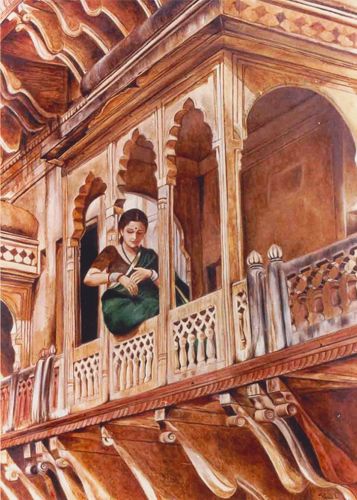 Painting Rajasthani, Rajasthani Architecture, Rajasthani Painting, Rajasthani Art, India Painting, Ancient Indian Architecture, Indian Illustration, South Asian Art, Painted Ladies