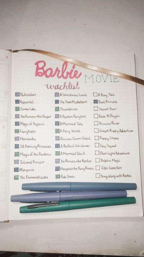 Barbie Marathon List, Barbie Movie Marathon, Barbie Marathon, All Barbie Movies List, Barbie Journal Ideas, Barbie Movie Ideas, Barbie Journal, Barbie Movies List, Best Teen Movies