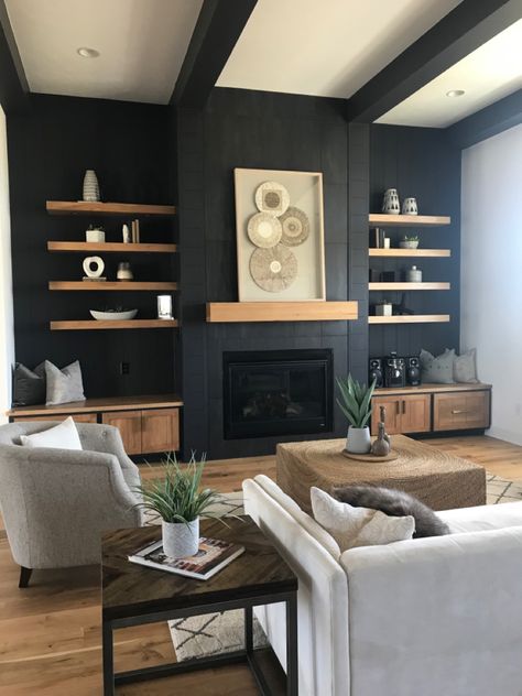 Modern Farmhouse Living, Fireplace Built Ins, Small Basement, Black Living Room, Living Room Decor Fireplace, Home Fireplace, Living Room Remodel, Finished Basement, Room Remodeling