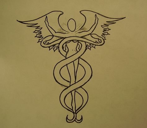 Caduceus by ~BluWntrHrizn on deviantART Healer Tattoo Symbols, Caduceus Tattoo Feminine, Caduceus Tattoo Nurse, Ophiuchus Tattoo, Healer Tattoo, Medicine Tattoo, Caduceus Tattoo, Dna Drawing, Wonder Woman Artwork