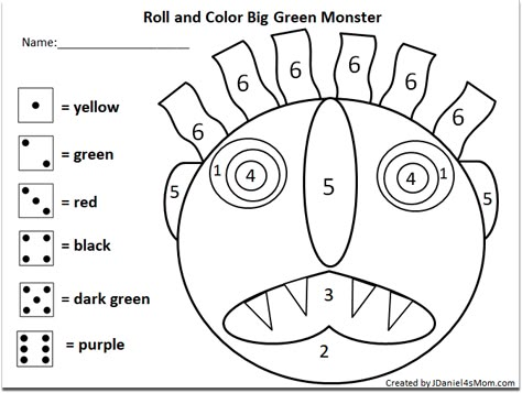 Roll and Color Big Green Monster - Printable Big Green Monster Activities, Big Green Monster Craft, Monster Math Activities, Color Math Activities, Roll A Monster, Monster Numbers, Color Math, Monster Printable, Halloween Lesson Plans