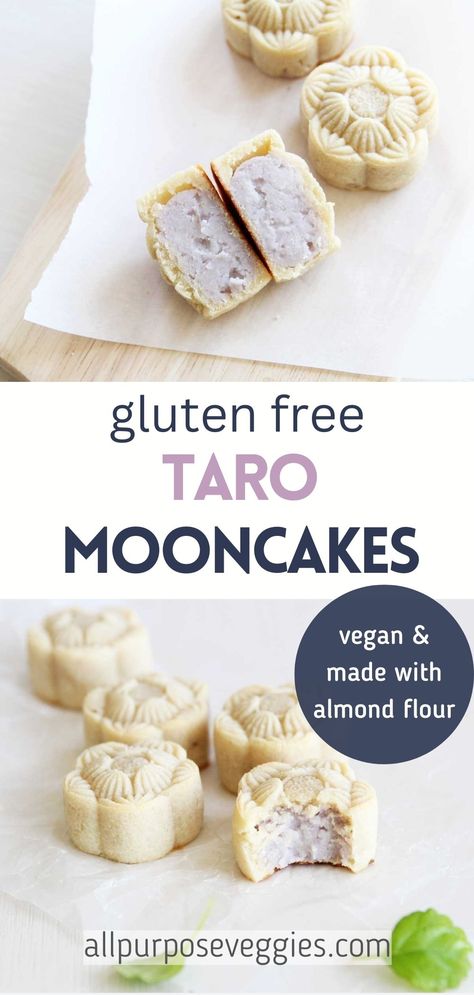 Gluten Free Chinese Desserts, Gluten Free Mooncake Recipe, Gluten Free Moon Cakes, Vegan Moon Cake, Vegan Mooncakes, Vegan Mooncake Recipe, Mooncake Molds, Taro Recipes, Amaretti Cookie Recipe