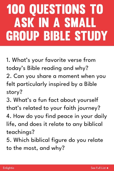 Explore deep conversations and foster meaningful connections with "100 Questions to Ask in a Small Group Bible Study". This comprehensive list is perfect for guiding discussions and encouraging spiritual growth. Whether you're leading a group or participating, these thought-provoking questions will enhance your study sessions. Dive into topics of faith, life, and personal reflections with this invaluable resource. Perfect for church groups, Bible studies, or small gatherings looking to deepen th Bible Discussion Questions, Bible Study Games Small Groups, Bible Study Topics Spiritual Growth, Ministry Fair, Christian Object Lesson, Small Group Bible Study, Group Bible Study, Bible Study Questions, Girl Bible Study