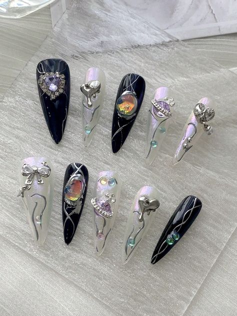 10pcs Almond Shape False Nails With Black And Butterfly Design, Comes With 1 Nail File, 1 Jelly Glue, Removable And Reusable, Suitable For Ladies And GirlsI discovered amazing products on SHEIN.com, come check them out! Ideas Uñas, Diamond Nail Art, Chrome Nail Powder, Girl Y2k, Y2k Punk, Purple Hands, Hot Wheel, Jelly Nails, Bling Acrylic Nails