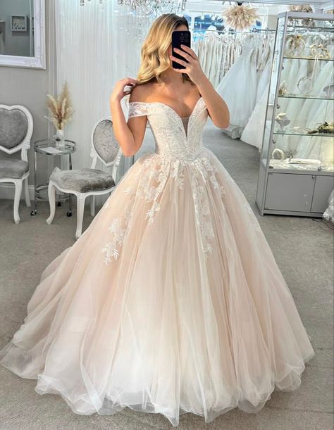 Blush Ball Gown Wedding Dress, Wedding Dress With Pink Undertone, Blush Pink Mermaid Wedding Dress, White Wedding Dress With Pink Flowers, Pinkish Wedding Dress, Pink Wedding Dress Bride, Blush Pink Wedding Dresses, Ronald Joyce Wedding Dress, Wedding Dress Blush