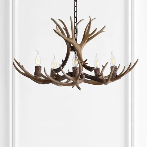 Millwood Pines Rohrbach Resin Antler Adjustable 5-Light Novelty Chandelier | Wayfair Antler Lights, Antler Chandelier, Rustic Contemporary, Traditional Chandelier, Table Lamp Sets, Candle Styling, Deer Antler, Luz Natural, Mountain Home