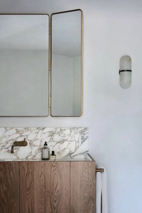 We are all about the wood & marble trend lately! We love that thick veined marble has come back in style. See some of our inspiration below! We especially love this trend in kitchens & bathrooms. It brings in a warm, natural & organic feel. Add in a natural planter & Decor Ikea, 아파트 인테리어, Wood And Marble, Bathroom Inspo, Cheap Decor, Counter Tops, Decor Minimalist, Remodels, Cheap Home Decor