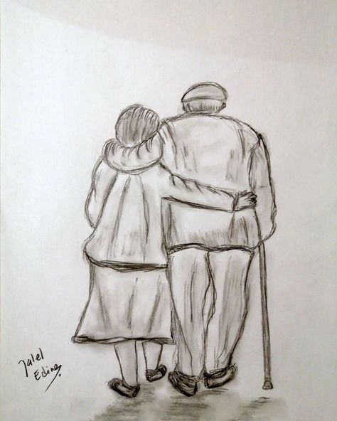 "Elderly couple walking" Pencil drawing by jaleledineart. #art #dailyart #artwork #jaleledineart #drawing #pencildrawing #elderly #elderlycare #elderlypeople #elderlylove #elderlycouple Old Couple Drawing, Town Drawing, Bookish Tattoos, Romantic Drawing, Couple Sketch, Couple Walking, Elderly Couples, Couples Walking, Growing Old Together