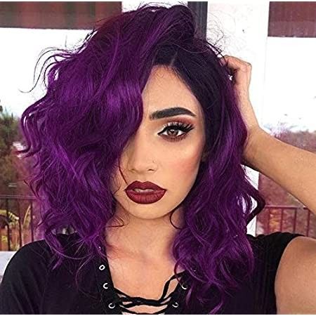 Natural Wavy Bob, Short Purple Hair, Wavy Bob Wig, Purple Ombre Hair, Bob Wig With Bangs, Party Wig, Natural Looking Wigs, Wavy Bob, Bow Hairstyle