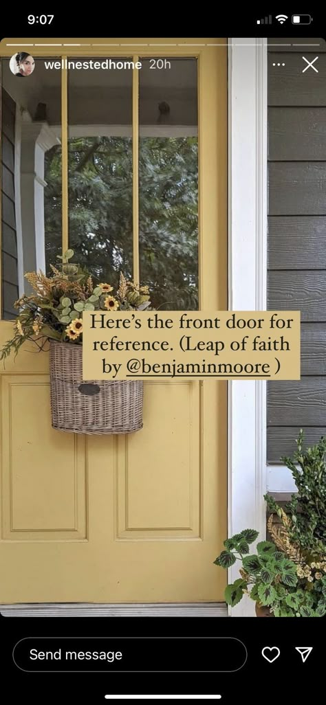 Boho Front Door Paint Colors, Yellow Front Door Tan House, Farmhouse With Yellow Door, Mustard Front Door Brick House, Exterior Door And Shutter Color Ideas, Leap Of Faith Benjamin Moore Front Door, Leap Of Faith Paint Color, Cute Front Door Colors, Butter Yellow Front Door