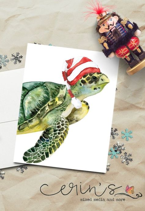 This watercolor turtle wearing a Santa hat makes a great watercolor Christmas card. If you're a fan of turtles you'll love this Christmas drawing. Watercolor Turtle, Christmas Turtle Drawing, Christmas Turtle, Turtle Christmas, Tropical Christmas Painting, Sea Turtle Christmas, Australian Christmas Cards Watercolour, Water Color Turtle, Tropical Christmas Cards