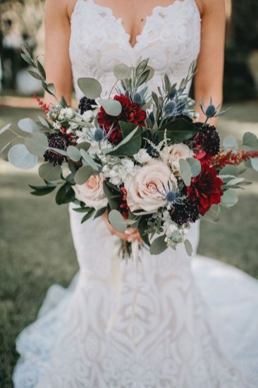 Navy Wedding Bouquet Fall, Sage Navy Burgundy Wedding, Blue And Burgundy Wedding Bouquet, Wedding Bouquets With Burgundy, Blue Thistle And Burgundy Bouquet, Eucalyptus And Burgundy Bouquet, Burgundy Navy Wedding Bouquet, Fall Wedding Bouquets Navy, Maroon And Navy Wedding Bouquet