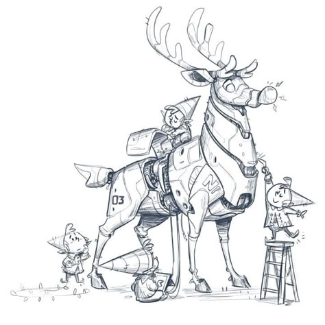 Christmas Cartoon Illustration, Cool Christmas Drawings, Reindeer Character Design, How To Draw A Reindeer, Christmas Concept Art, Christmas Character Art, Christmas Art Drawing, Reindeer Sketch, Safe Drawing