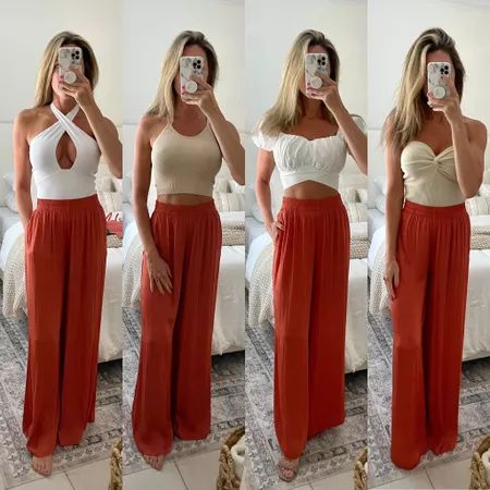 Orange Linen Pants Outfit, Copper Pants Outfit, Pants Summer 2023, Copper Pants, Orange Linen Pants, Red Linen Pants, Pants For Women Casual, Amazon Tops, Linen Pants Outfit