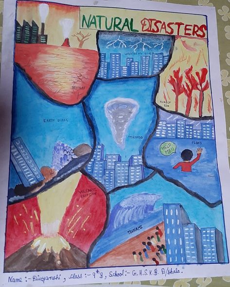 Natural Calamities Poster, Natural Disasters Poster, Natural Disasters Drawing, Disaster Poster, Natural Disasters Art, Ideas For Project, Scrapbook Design Layout, Page Decoration, Study Flashcards