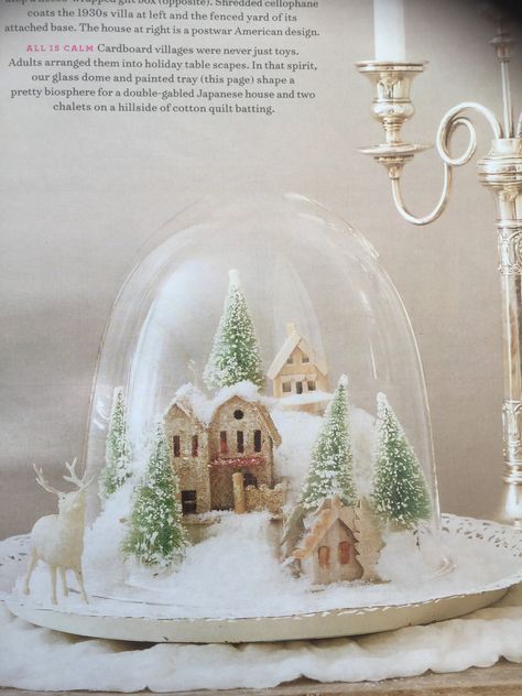 cardboard village under glass dome martha stewart living december 2005 Cardboard Village, Glass Dome Cloche, Cloche Domes, Christmas Globes, Martha Stewart Living, Christmas Arrangements, Glass Dome, Christmas Village, Christmas Crafts Diy