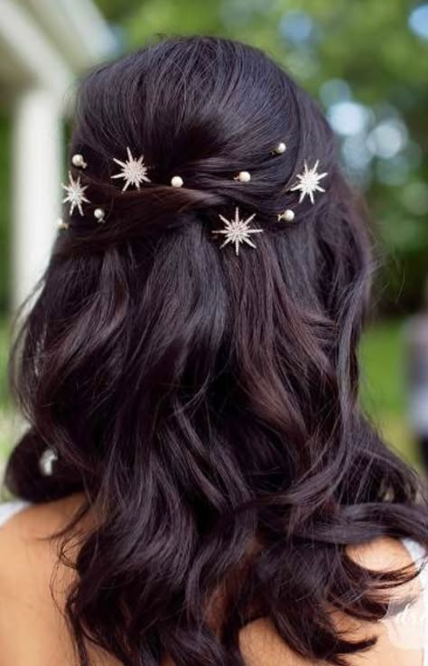 Prom Hairstyles Half Up Half Down Elegant Hair Accessories, Wedding Hair Celestial, Celestial Wedding Hair Piece, Prom Hair Pins, Celestial Bridal Makeup, Celestial Hair Piece, Starry Night Hairstyle, Celestial Wedding Hairstyles, Half Up Half Down Hair Accessories