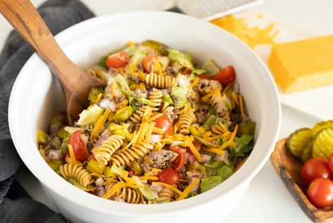 Command Cooking, Pasta With Mayonnaise, Cheeseburger In Paradise, Jimmy Buffet, Pasta Salad Recipe, Whole Wheat Pasta, Crispy Onions, Jimmy Buffett, Juicy Tomatoes