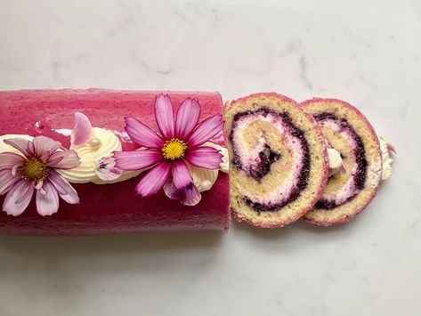 Blueberry & Lemon Swiss Roll - by Sophie Bamford Lemon Swiss Roll, Blueberry Glaze, Cream Cheese Icing, Swiss Roll, Lemon Blueberry, Rolls Recipe, Cream Cheese, Glaze, Rolls