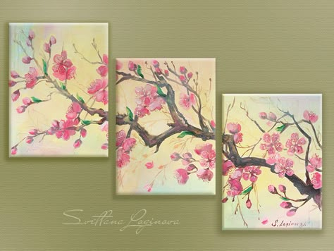 1 Painting On 3 Canvas, Split Canvas Painting, 3 Canvas Painting, Multi Canvas Painting, Multiple Canvas Paintings, Cherry Blossom Painting, Acrylic Painting Flowers, Easy Canvas Art, 3 Piece Canvas Art