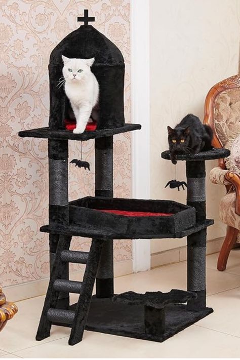 Gothic Cat Tree with Coffin Bed，55" Cat Tower with Spacious Cat Condo，Scratching Posts，Spider Hanging Ball，Multi-Level Cat Activities Furniture for Large Cats, Black Halloween #halloween #cattree Coffin Bed, Gothic Home Decor Ideas, Cat Activities, Gothic Cat, Vampire Cat, Cats Stuff, Cats Black, Cat Activity, Trap House