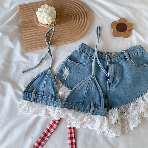 Summer Sweet Lolita Style Denim Shorts Sets Girls Sexy Lace Bandage Camisole Crop Tops Ruffles Jeans Short Pants Women 2PC Set|Women's Sets| - AliExpress Ruffle Jean Shorts, Ruffled Denim Shorts, Making Jean Shorts, Upcycle Pants, Diy Denim Shorts, Jeans Short Pants, Short Pants Women, Plain Dresses, Fashion Sketchbook Inspiration