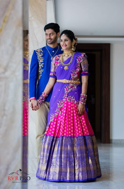 Shopzters | Ten Of The Best Half Sarees To Flaunt This Wedding Season! Pattu Lehenga Half Saree, Lehenga Half Saree, Designer Lehanga, Pink Half Sarees, Pattu Lehenga, Lehenga Saree Design, Half Saree Lehenga, Indian Bridal Sarees, Pattu Saree Blouse Designs