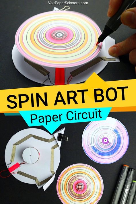 A machine that spins a paper disc for kids to draw circles on. Simple Diy Art, Robot Activity, Stem Robotics, Robot Craft, Paper Circuits, Stem Projects For Kids, Stem Curriculum, Stem Classes, Diy Science Experiments