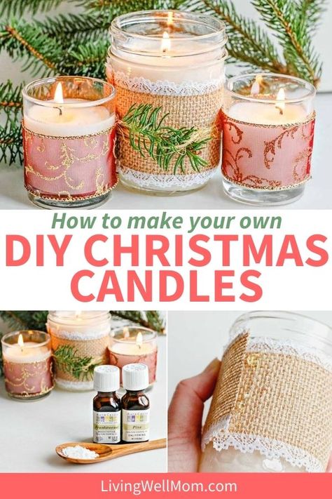 Christmas Soy Candles, Recycle Candle Wax, Diy Peppermint Candle, Oui Jar Crafts, Diy Christmas Present Ideas, Homemade Christmas Candles, Candle Diy Projects, Diy Holiday Candles, Diy Christmas Candles