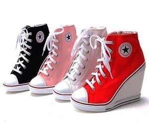 Keep it old school while still looking lady like with these Converse style wedge heels. Available in a variety of eye catching colors, these three inch wedge... Converse Wedges, Converse Heels, Converse High Top, Converse Style, Prom Heels, White Sneakers Women, High Heel Wedges, Shoes Heels Wedges, Prom Shoes