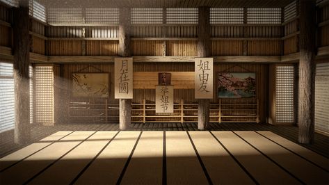 Dojo weapons wall and signs Dojo Aesthetic, Japanese Dojo, Dojo Design, Dojo Ideas, Karate Dojo, Japanese Home Design, Chinese Interior, Asian Decor, Japanese Interior