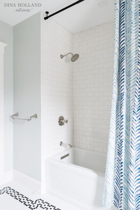 Ceiling-mounted curtain rod for shower curtain. Maybe use two curtain panels at each end rather than one long run? Shower Windows Ideas, Redo Bathroom, Trendy Bathroom Tiles, Gray Shower Curtains, Window In Shower, Hall Bathroom, Shower Rod, Bathroom Windows, Shower Curtain Rods