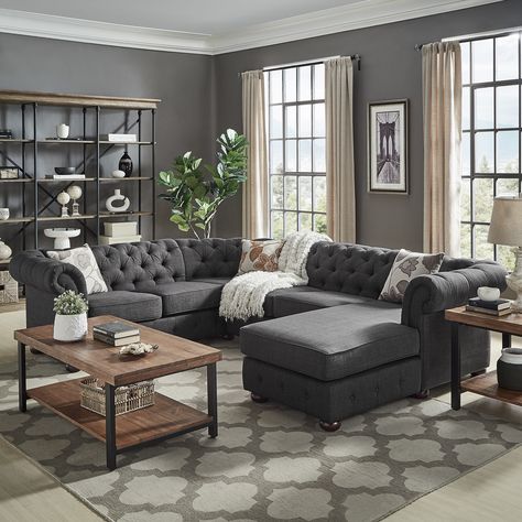 Knightsbridge Tufted Scroll Arm Chesterfield U-Shape Sectional with Chaise by iNSPIRE Q Artisan (Right Facing - Beige Linen) Gray Couches, Grey Couch Living Room, Sectional With Chaise, Living Room Color Schemes, Small Living Room Decor, Trendy Living Rooms, Brown Living Room, Living Room Diy, Living Room Colors