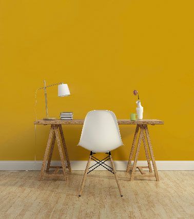 Peinture 1825 couleur jaune moutarde dans un bureau Mustard Yellow Paints, Yellow Office, Yellow Room, Yellow Interior, Yellow Decor, Yellow Bedroom, Yellow Walls, Yellow Painting, Home Trends