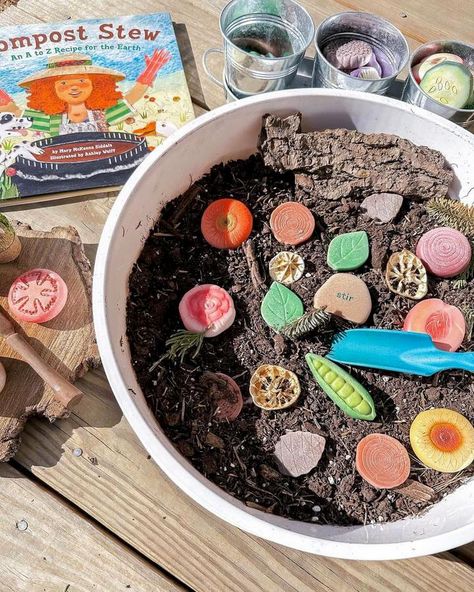 Compost Stew Sensory Bin 🌱 Let's learn about the process of composting and how it contributes to daily environmental stewardship. Composting is the process of recycling organic matter, such as leaves and food scraps, into fertilizer to enrich the soil 🤎 By talking about composting, they will learn about the three environmental Rs (reduce, recycle, and reuse), what items are biodegradable, the importance of worms & insects, and much more! This sensory bin let's your learners explore compost... Cognitive Activities Preschool, Activity Stations, Environmental Stewardship, Cognitive Activities, Kitchen Scraps, Daycare Activities, Food Scraps, Flowers Paper, Sensory Bin