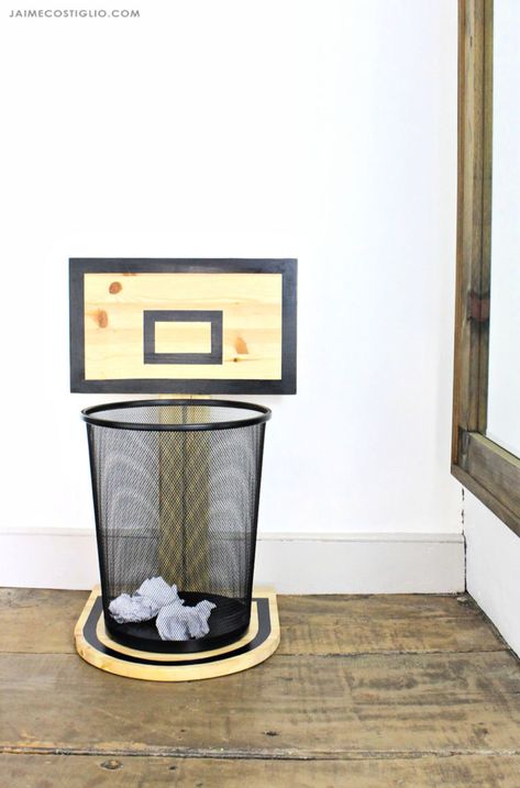 A DIY tutorial to build a wood basketball hoop trash can holder. Make clean up fun and add sports themed decor with free plans for a basketball backboard. Diy Basketball Hoop, Diy Basketball, Cleaning Fun, Dekor Diy, Easy Wood Projects, Free Plans, Basketball Hoop, Cute Room Decor, Dream House Decor