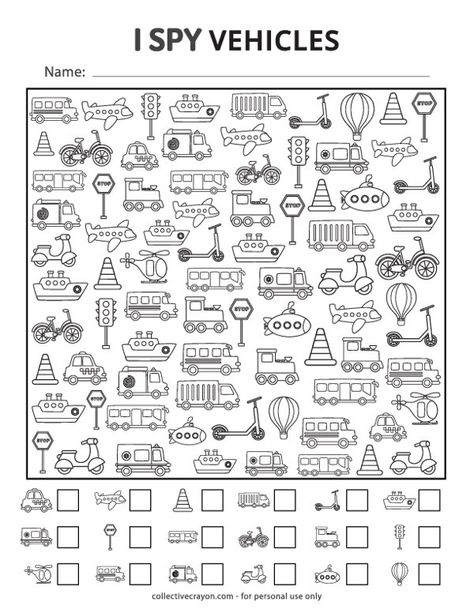 Free Printable I Spy Vehicles Worksheet Car Worksheet Preschool, Train Activities For Kids, Vehicles Worksheet, I Spy Printables For Kids Free, Mazes For Kids Printable, Printable Puzzles For Kids, Transportation Worksheet, Free Printable Puzzles, Spy Games