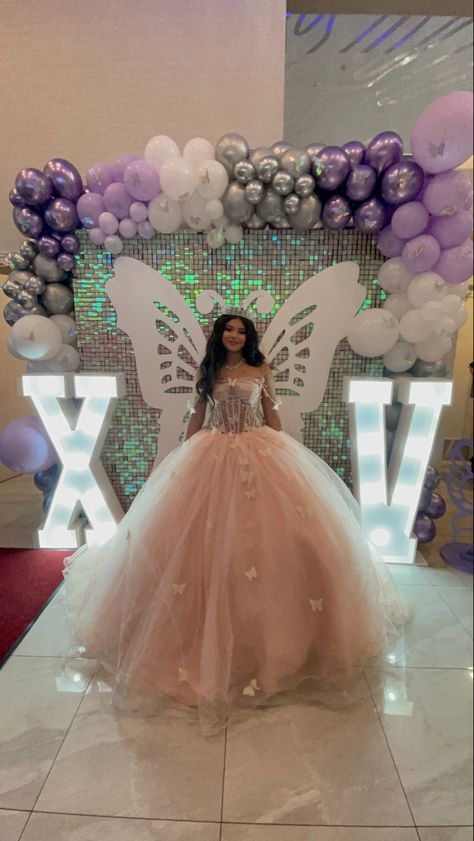 Quince Themes Butterflies, Blue Butterfly Quinceanera Decorations, Quinceanera Butterfly Dresses, Sweet 15 Butterfly Theme, Butterfly Sweet 15 Decorations, 15 Centerpieces Ideas Butterfly, Quince Nails Rose Gold Butterfly, Butterfly Quince Centerpieces, Butterfly Themed Sweet 16 Party