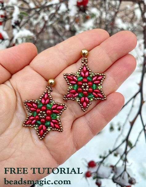 Beaded Christmas Jewelry Diy, Beaded Wire Art, Superduo Bracelet, Free Beading Tutorials, Christmas Jewelry Diy, Super Duo Beads, Holiday Beading, Beaded Earrings Diy, Beaded Earrings Tutorials